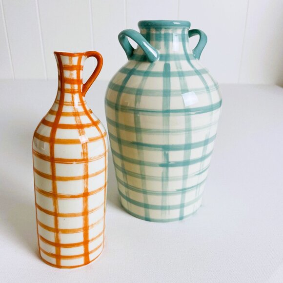 Anthropologie Hand Painted Checker Stoneware Milos Vases Set of 2 - Picture 1 of 9